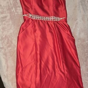 Blondie Nites Red Satin Mini Dress with Embellished Waist